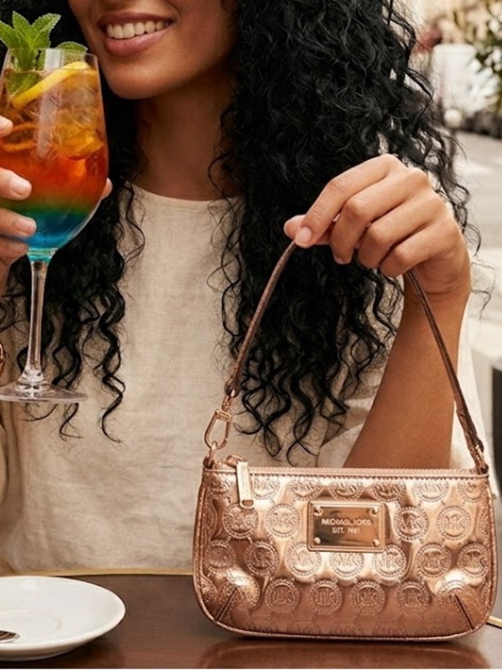 Michael Kors Metallic Rose Gold Embossed Shoulder Bag